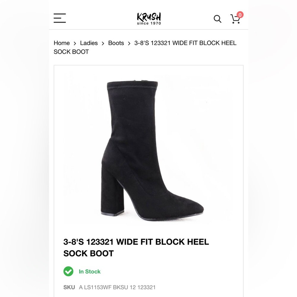Krush since 1970 Wide Fit Black BLOCK HEEL SOCK BOOT - size 8
